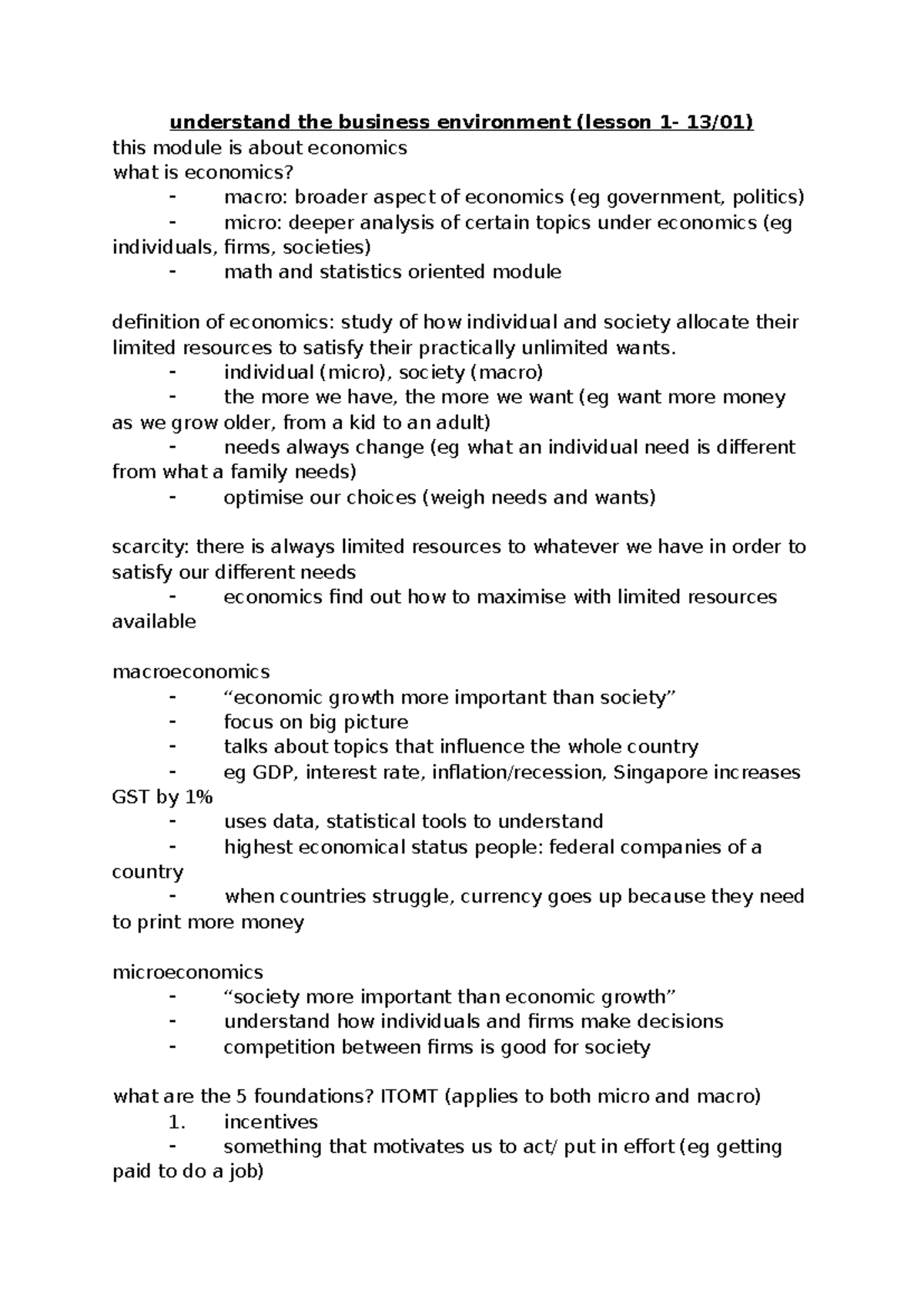 Week 1 notes - understand the business environment (lesson 1- 13/01 ...