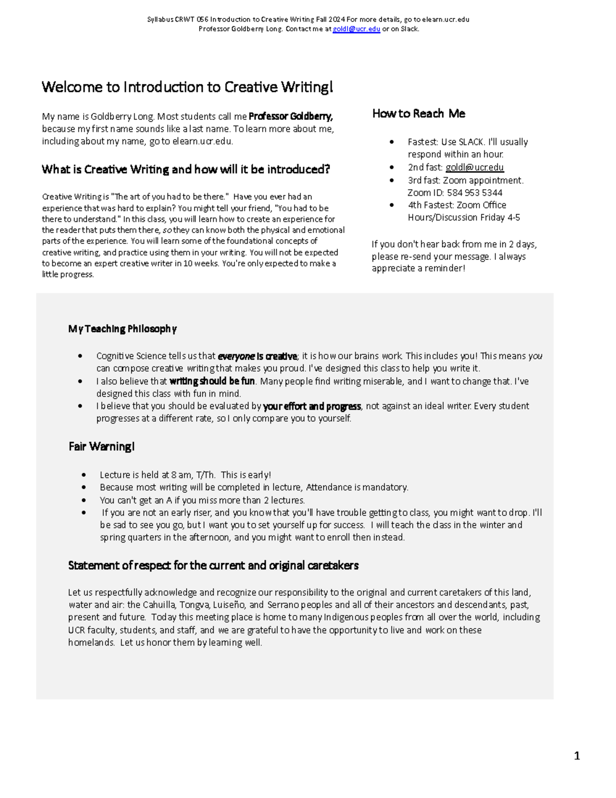 Syllabus CRWT 056: Introduction to Creative Writing - Fall 2024 - Studocu