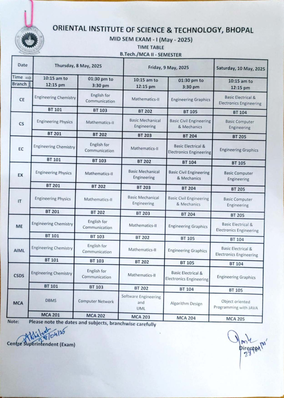 B Tech MCA II SEM Mid Sem Exam I Time Table May 2025 - Studocu