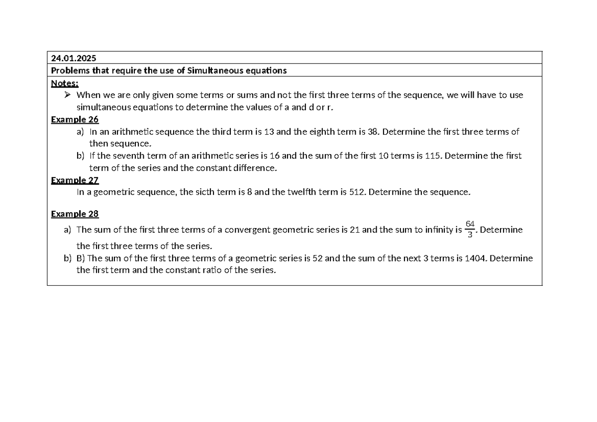 24.01.2025 Activity 6: Problems Using Simultaneous Equations & Sigma ...