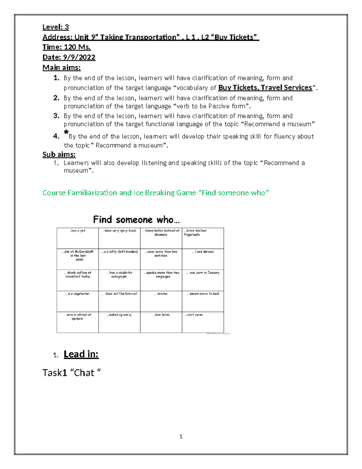 Lesson plan template 1 for level 3: Unit Taking, L1, L2 - Studocu