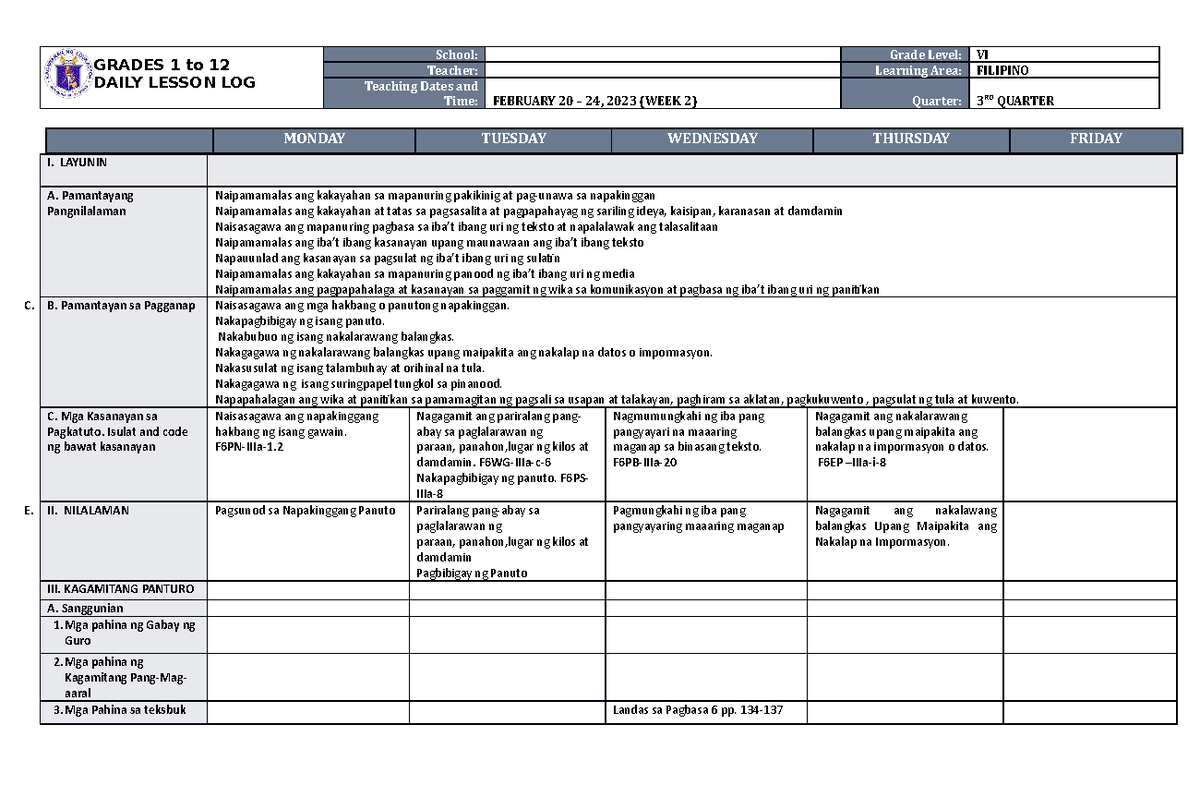 DLL Filipino 6 Quarter 3 - Week 2 Lesson Plan and Activities - Studocu