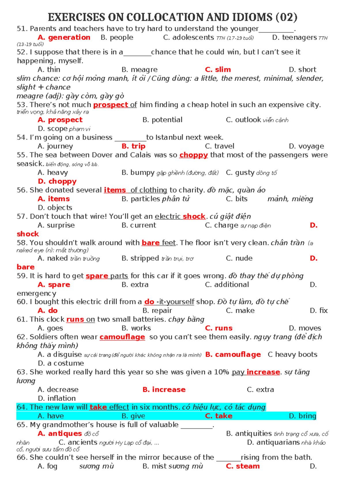 EXERCISES ON COLLOCATION AND IDIOMS (02) - PRACTICE QUESTIONS - Studocu