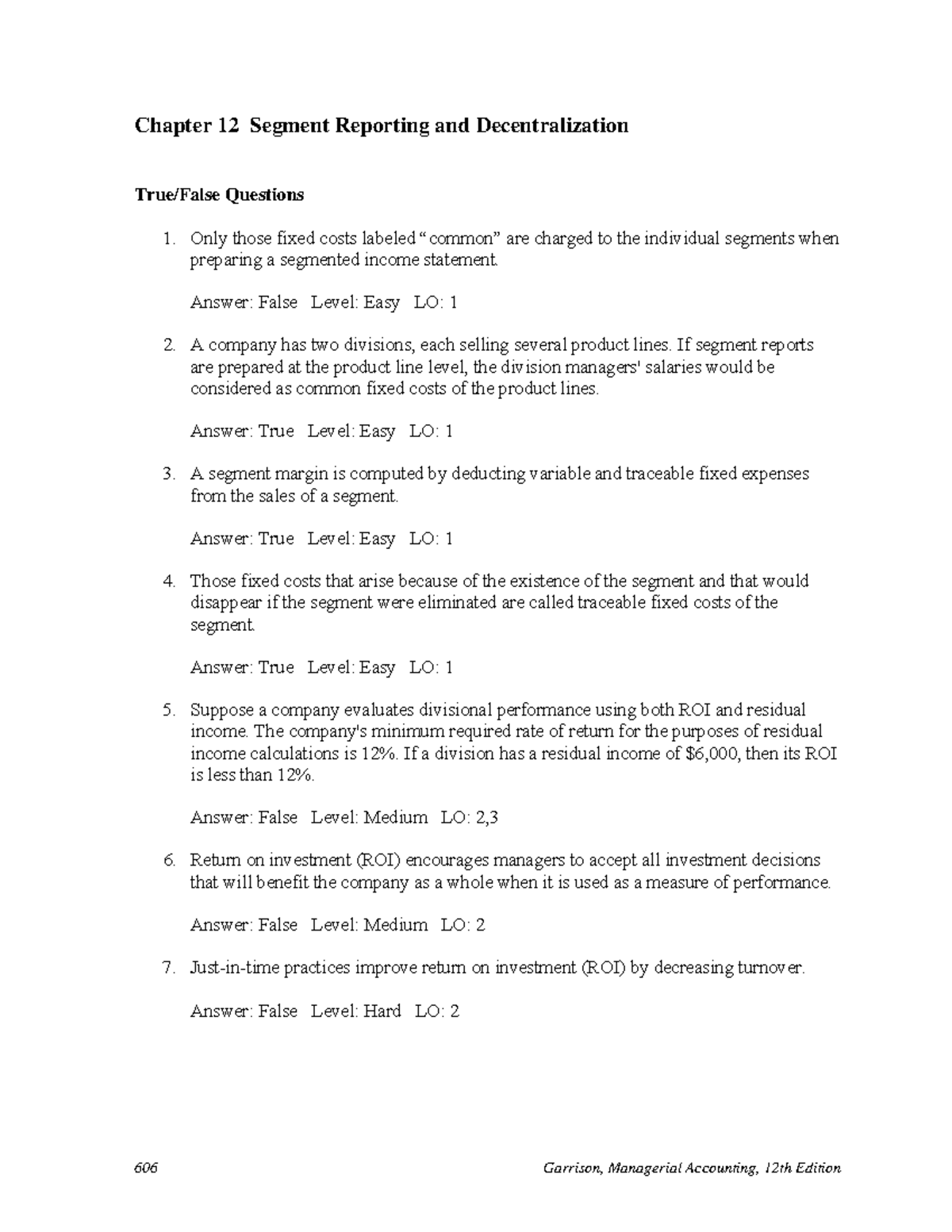 Chapter 12 Segment Reporting & Decentralization Q&A (Garrison MAS ...