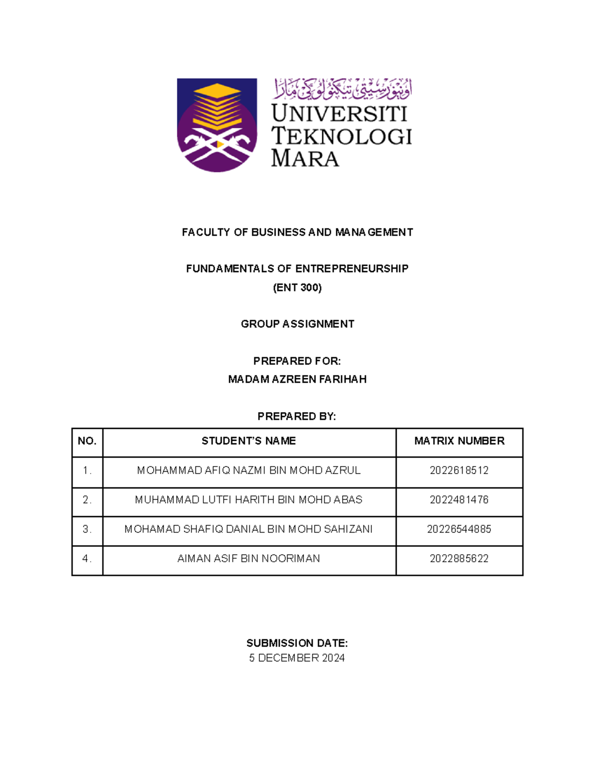 Group Assignment ENT300: Fundamentals of Entrepreneurship Report - Studocu