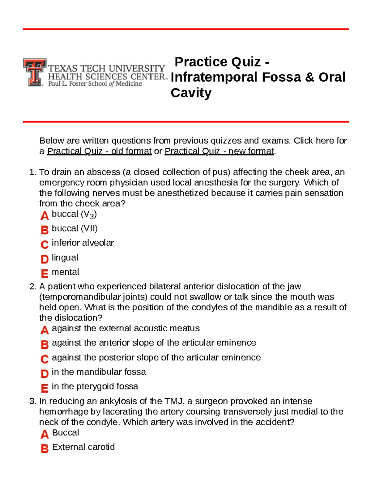 Practice Quiz - Infratemporal Fossa & Oral Cavity Review - Studocu