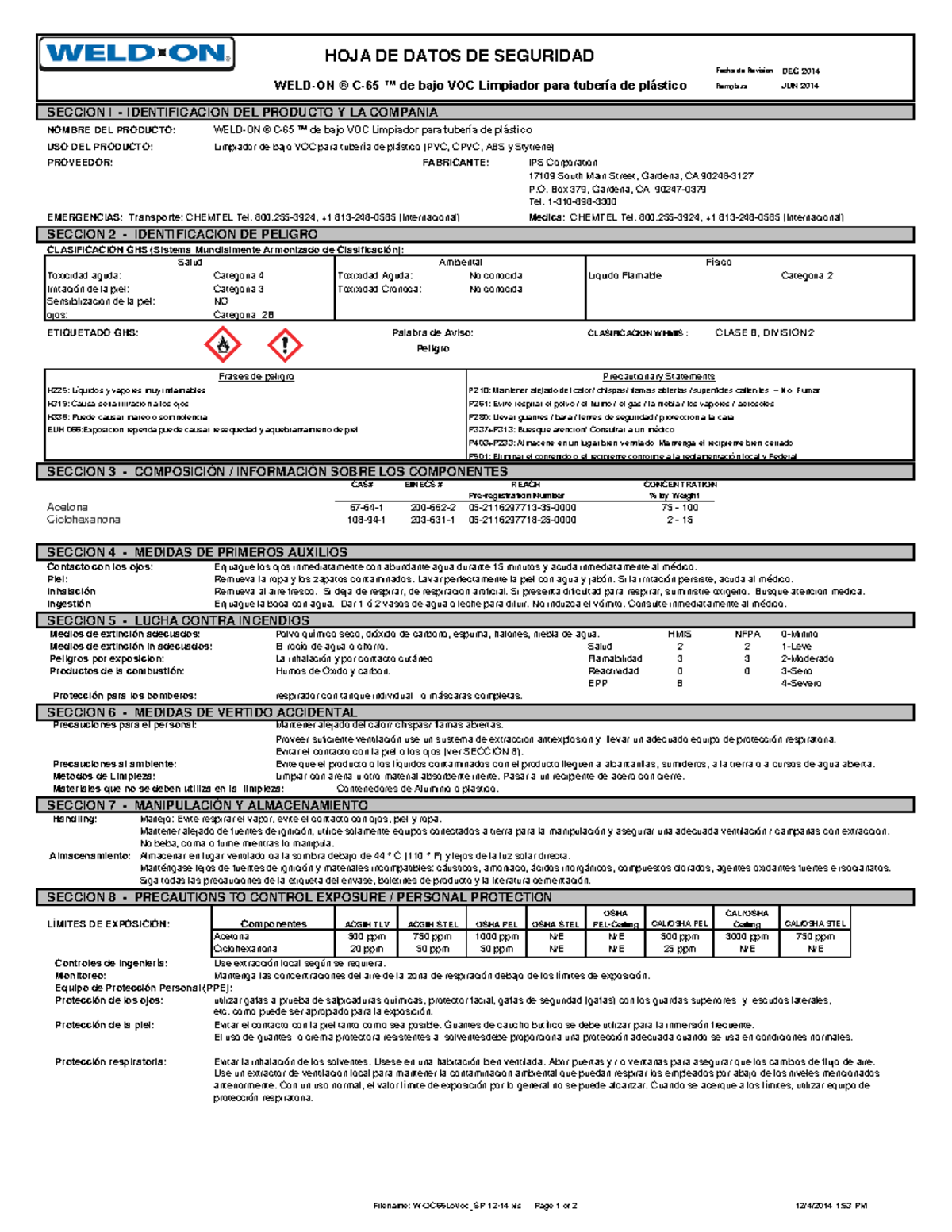 Hoja de Datos de Seguridad: Limpiador PVC Weld-On C-65 - Studocu