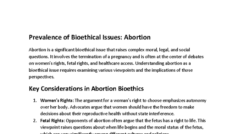 Bioethical Issues in Abortion: A Comprehensive Overview - Studocu