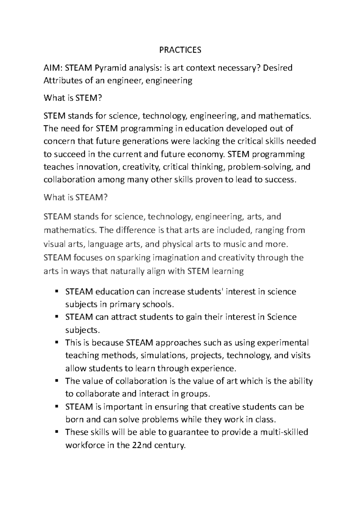 STEAM Pyramid Analysis - Practice 3: Art's Role in Learning - Studocu