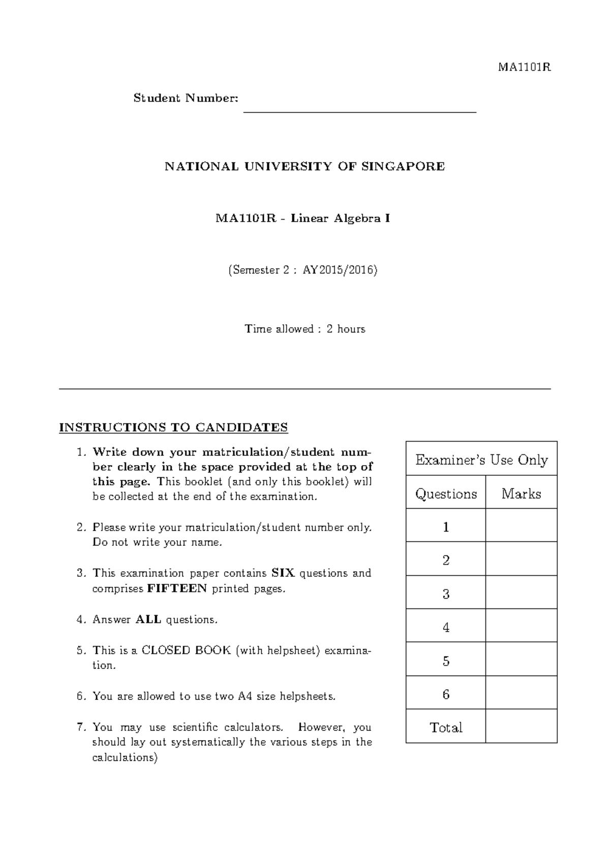 Ma1101r final 15s2 - very hard math exam - MA1101R Student Number ...