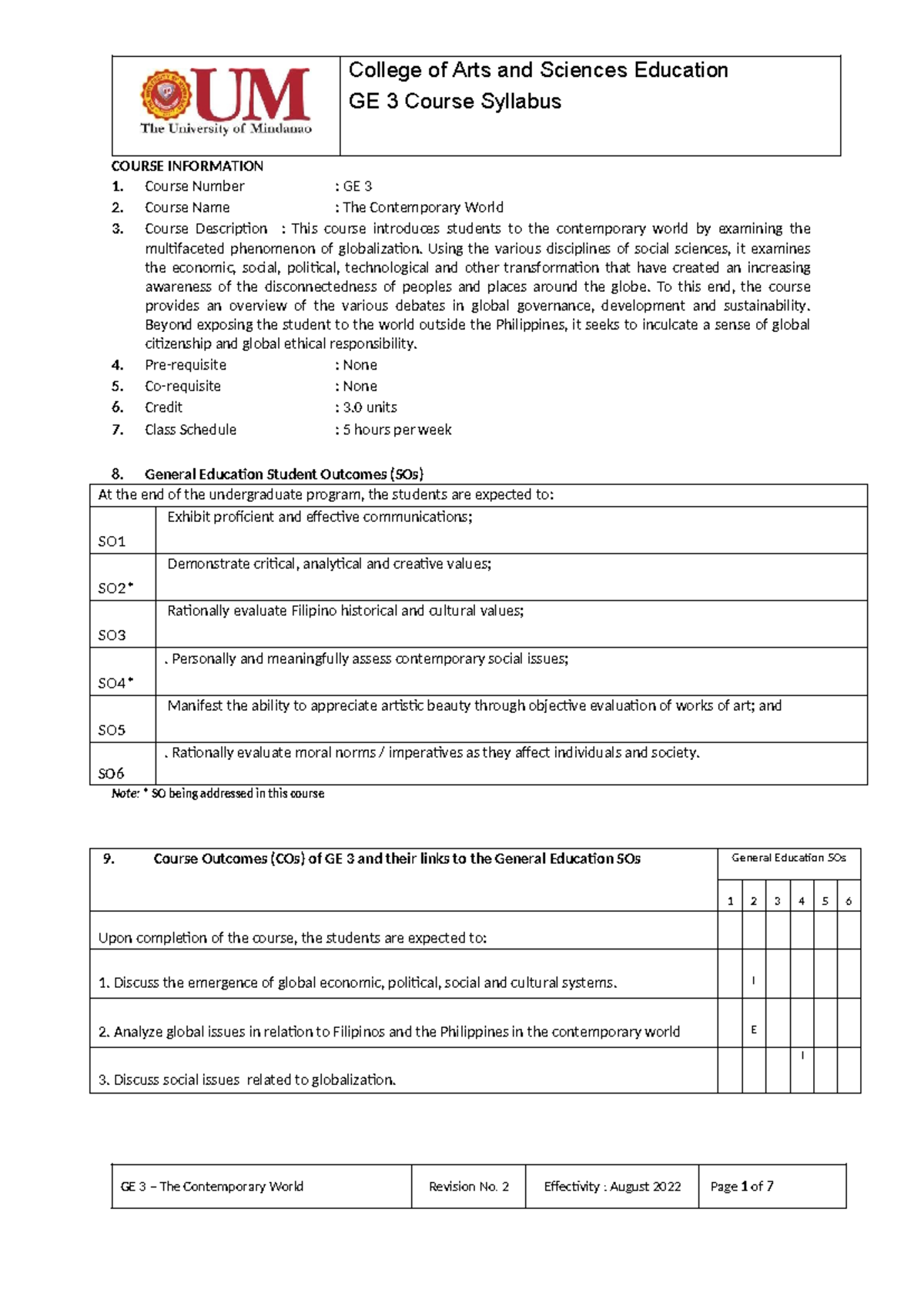 GE3 - Syllabus for The Contemporary World Course (GE 3) - Studocu