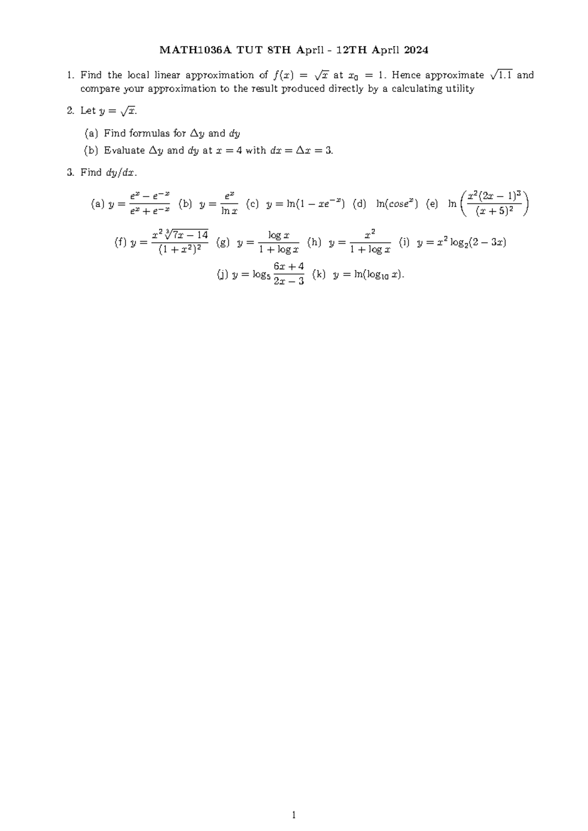 MATH1036A TUTORIAL QUESTIONS: WEEK OF 8TH TO 12TH APRIL 2024 - Studocu