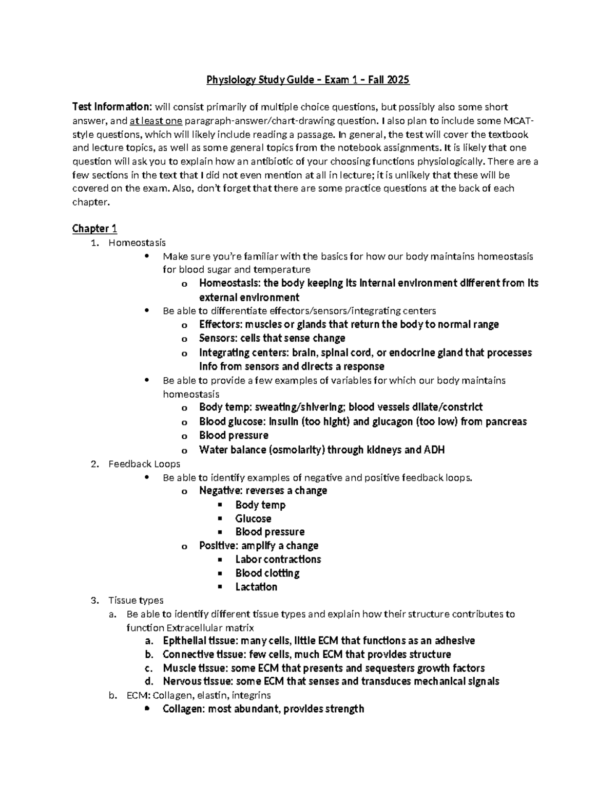 Physiology Study Guide – Exam 1 Overview for Fall 2025 - Studocu