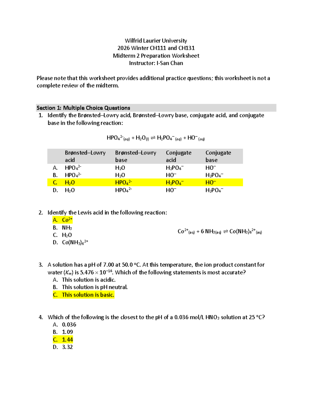 2026 W - CH131 Midterm 2 Review Worksheet - Practice Solutions - Studocu
