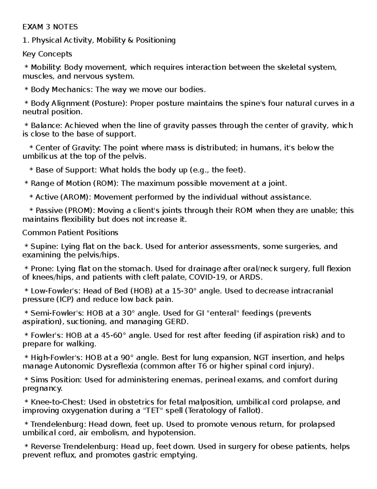 Exam 3 Notes: Key Concepts in Mobility & Patient Care - Studocu