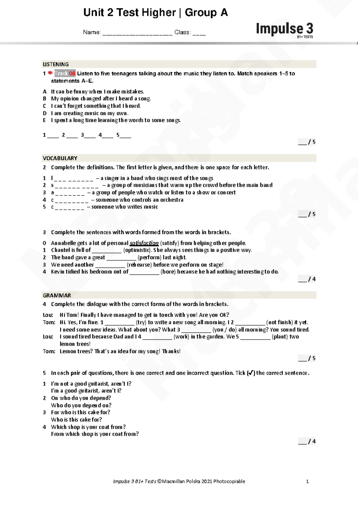 Unit 2 Test Higher A-1: Listening, Vocabulary, Grammar & Speaking - Studocu