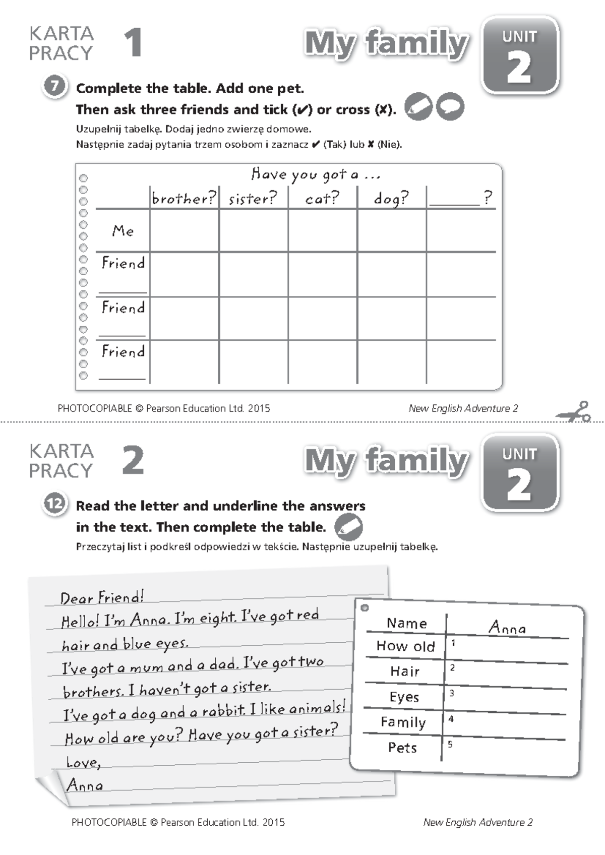 NEA 2 Karty Pracy - Unit 2: My Family and Our World Activities - Studocu