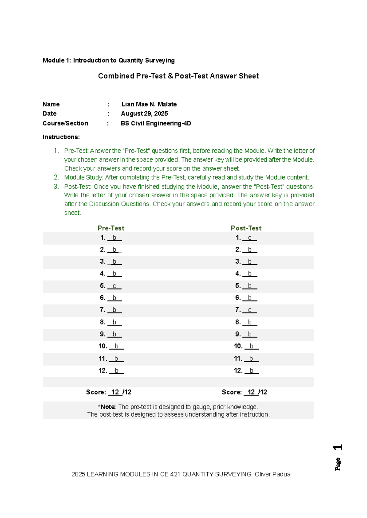 CE 421 Module 1: Intro to Quantity Surveying Answer Sheet - Studocu