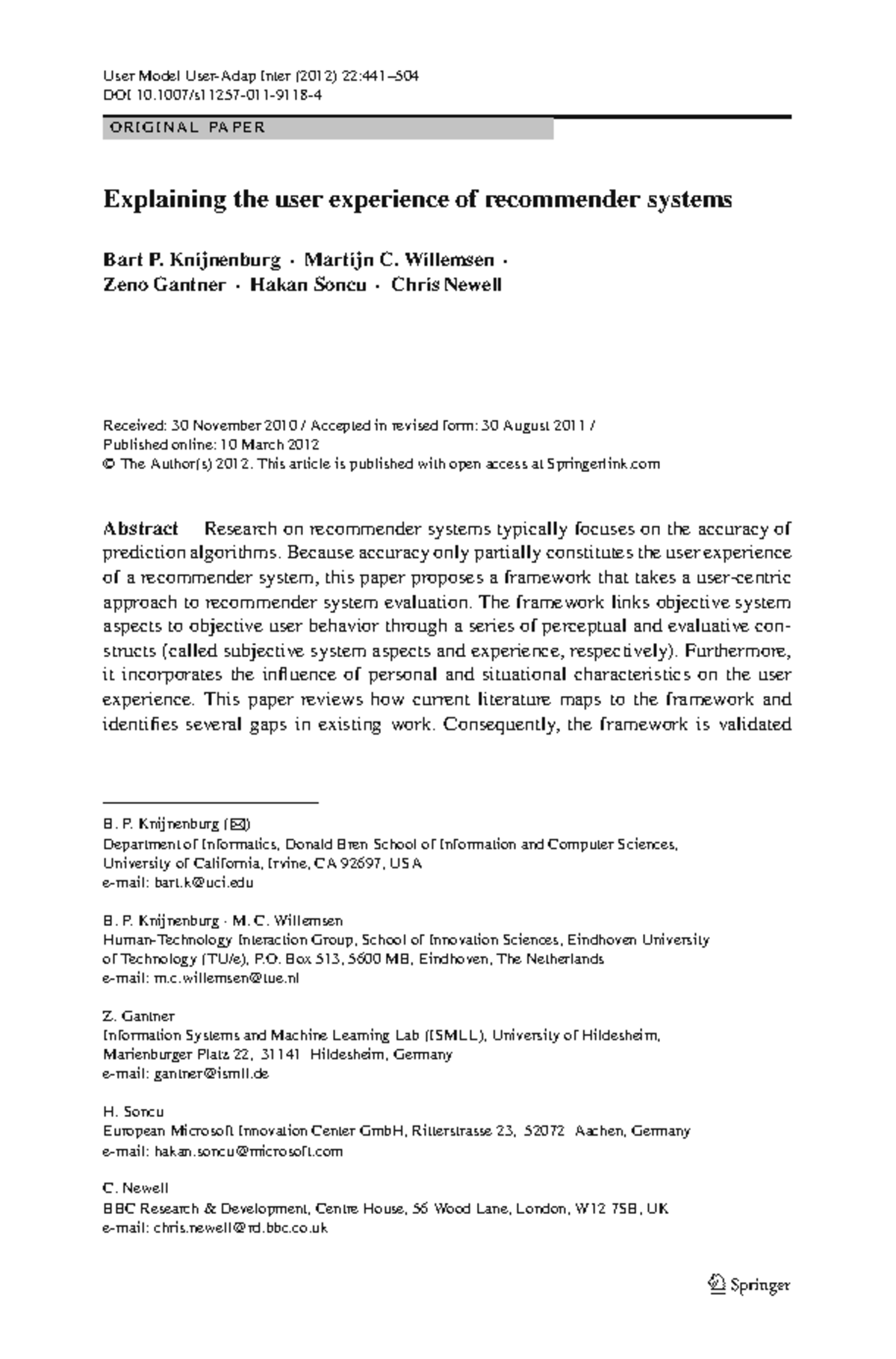 Recommender Systems User Experience Evaluation Framework (2012) - Studocu