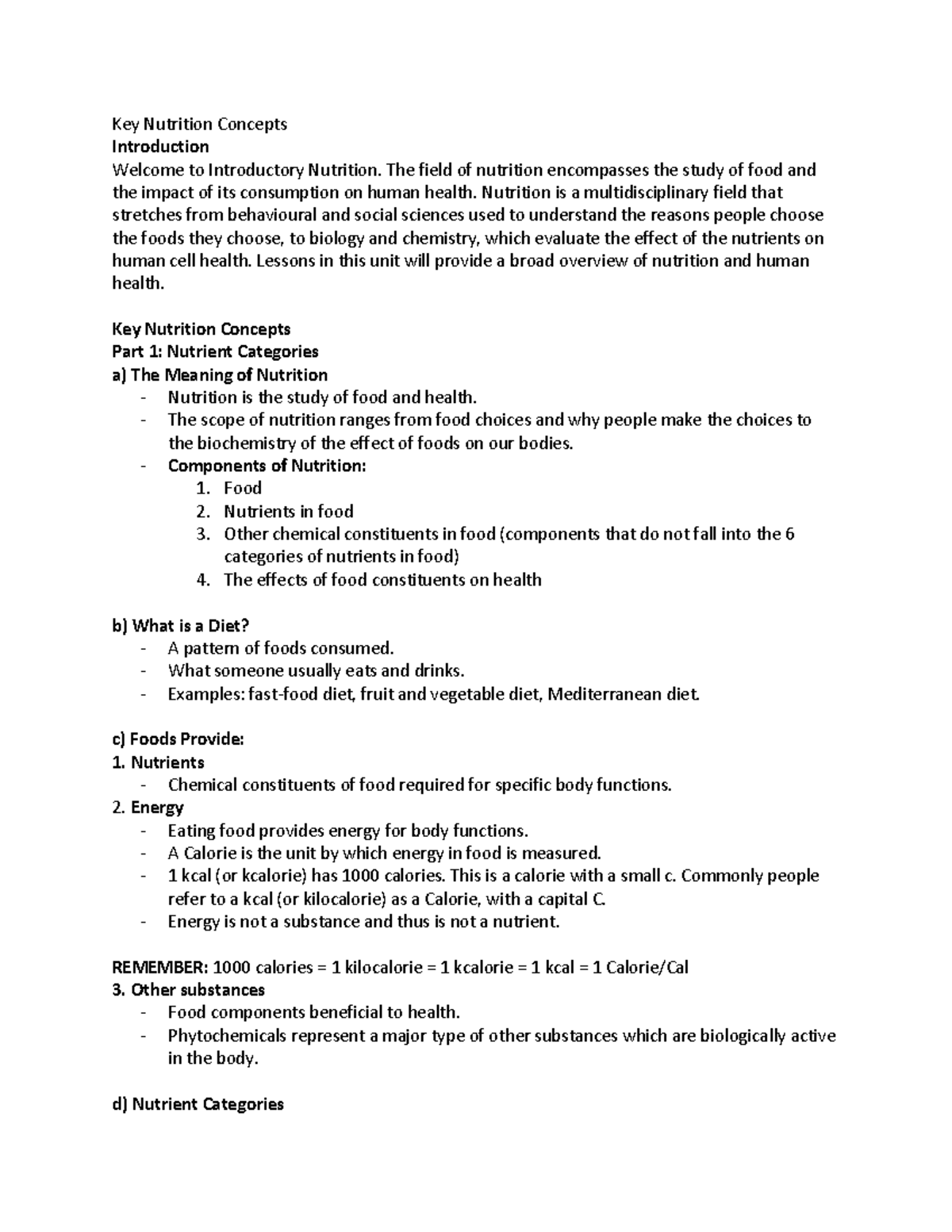 Nutrition Notes - Lecture Notes on Key Concepts (Lectures 1-6) - Studocu