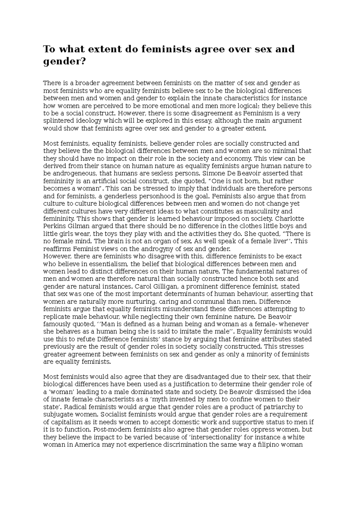 Feminist Perspectives on Sex and Gender: Agreement and Disagreement ...