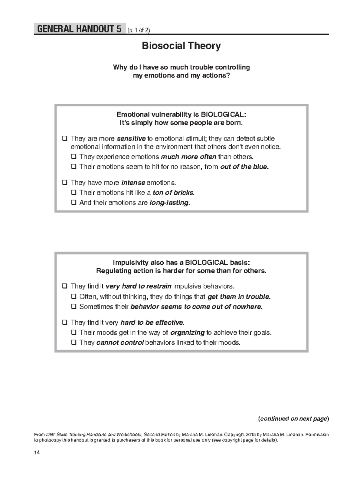 DBT 601: Biosocial Theory Handout - Understanding Emotions ...