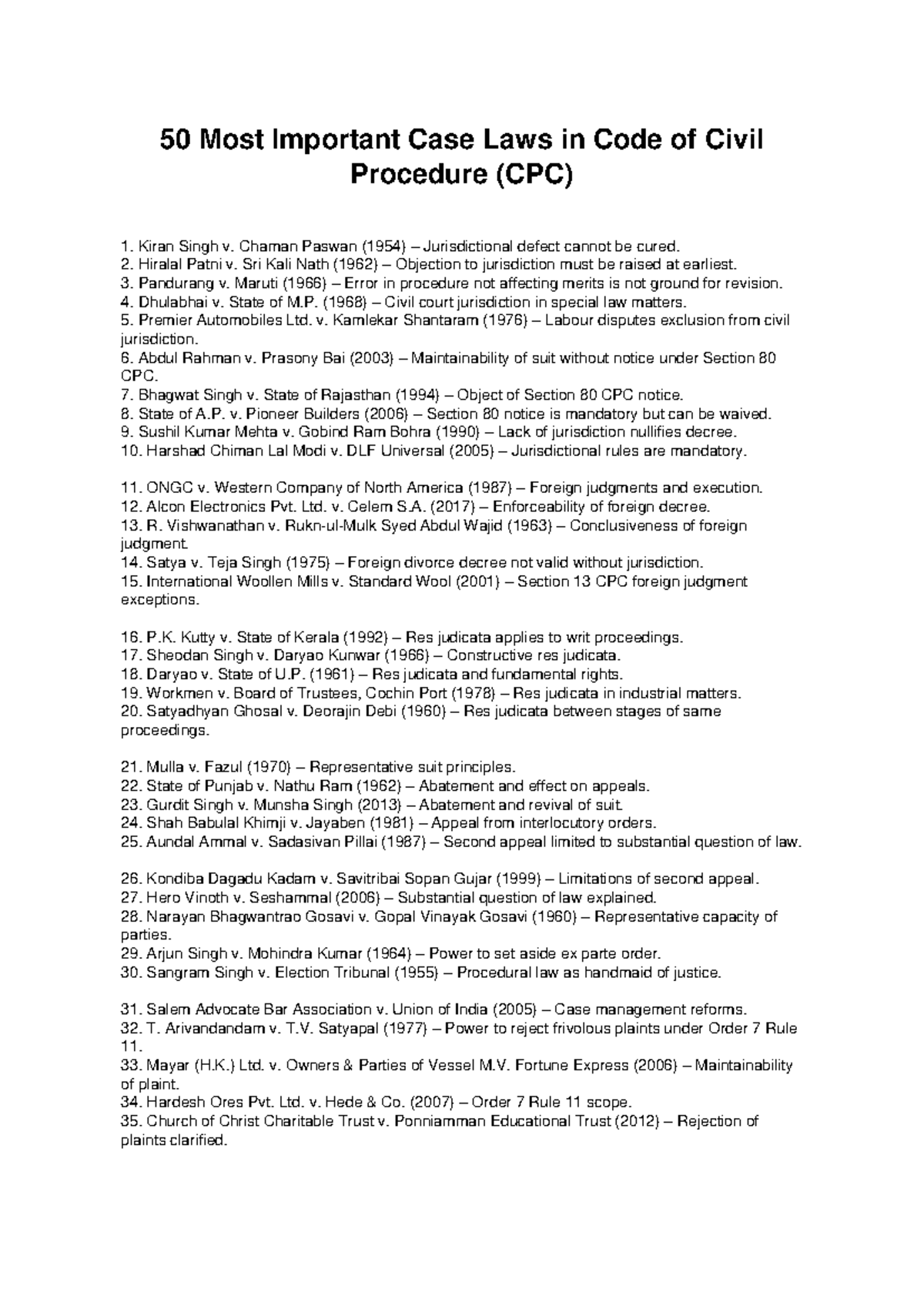 50 Key CPC Case Laws for Legal Reference - Studocu
