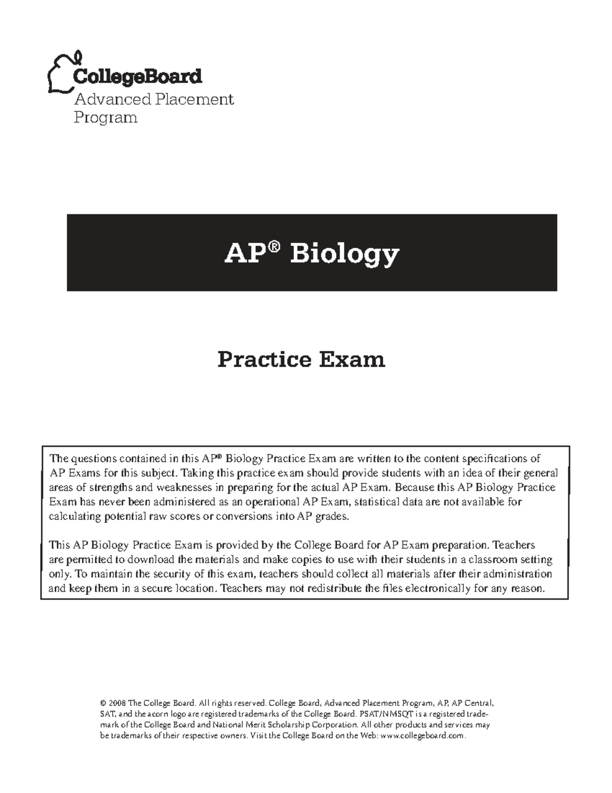 AP Biology Practice Exam 2008 - Test Preparation - Studocu