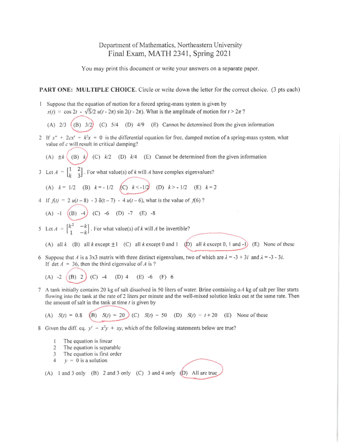 MATH 2341 SP21 Final Exam Solutions and Detailed Answers - Studocu