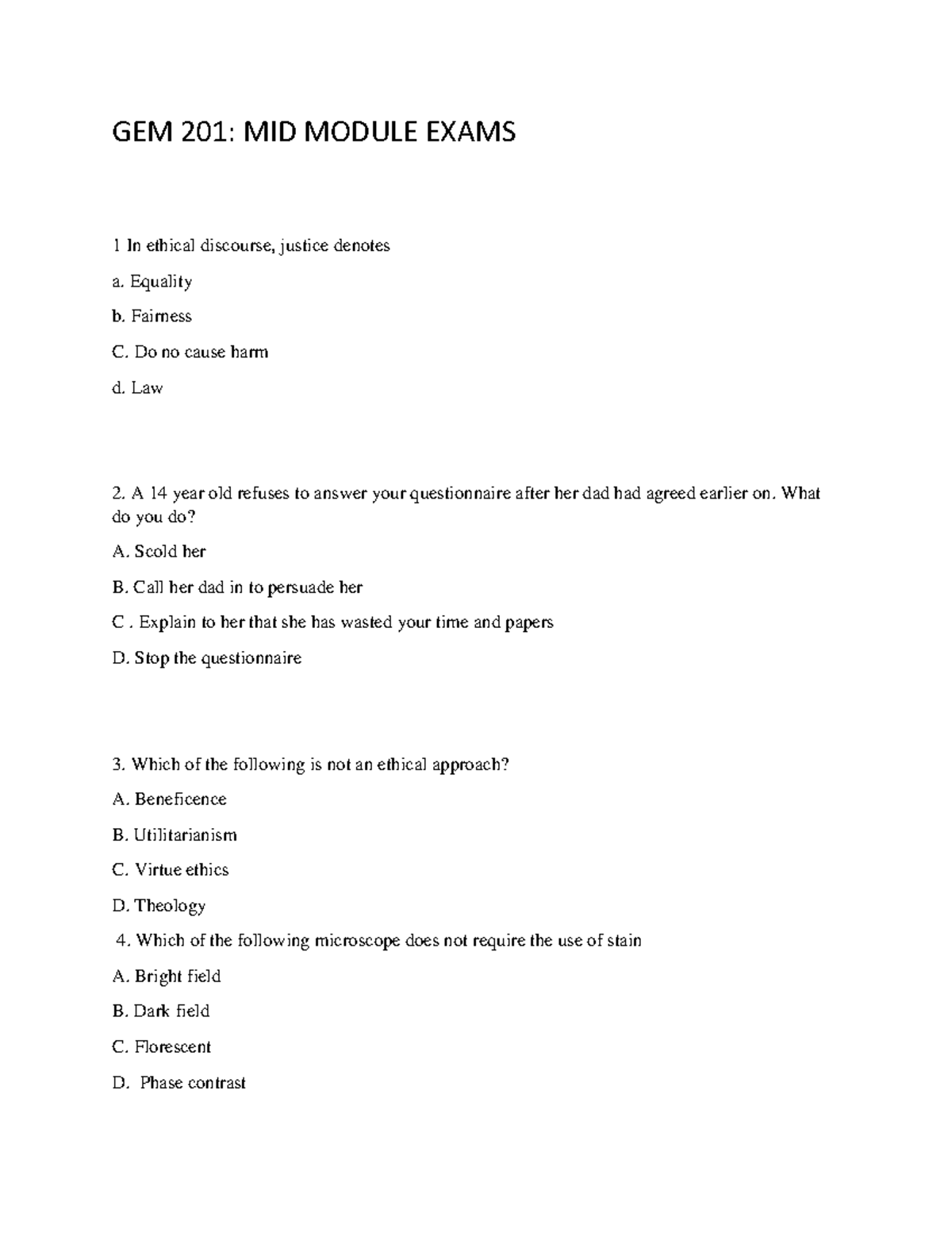 GEM 201: MID MODULE EXAM QUESTIONS IN MEDICAL & BEHAVIORAL STUDIES ...