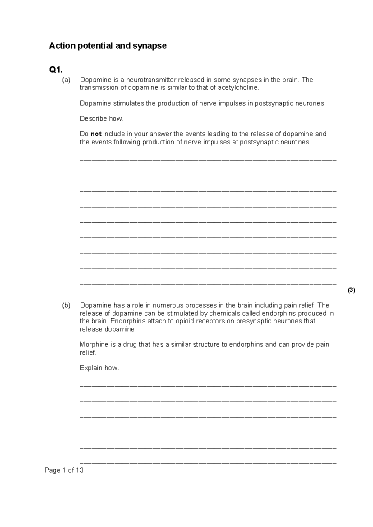 Action Potential & Synapse Exam Questions (Biology 101) - Studocu