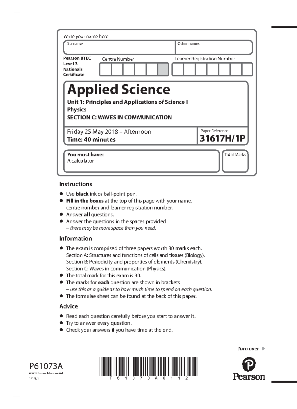 BTEC Applied Science L3 Unit 1 June 2018 Physics - Centre Number ...