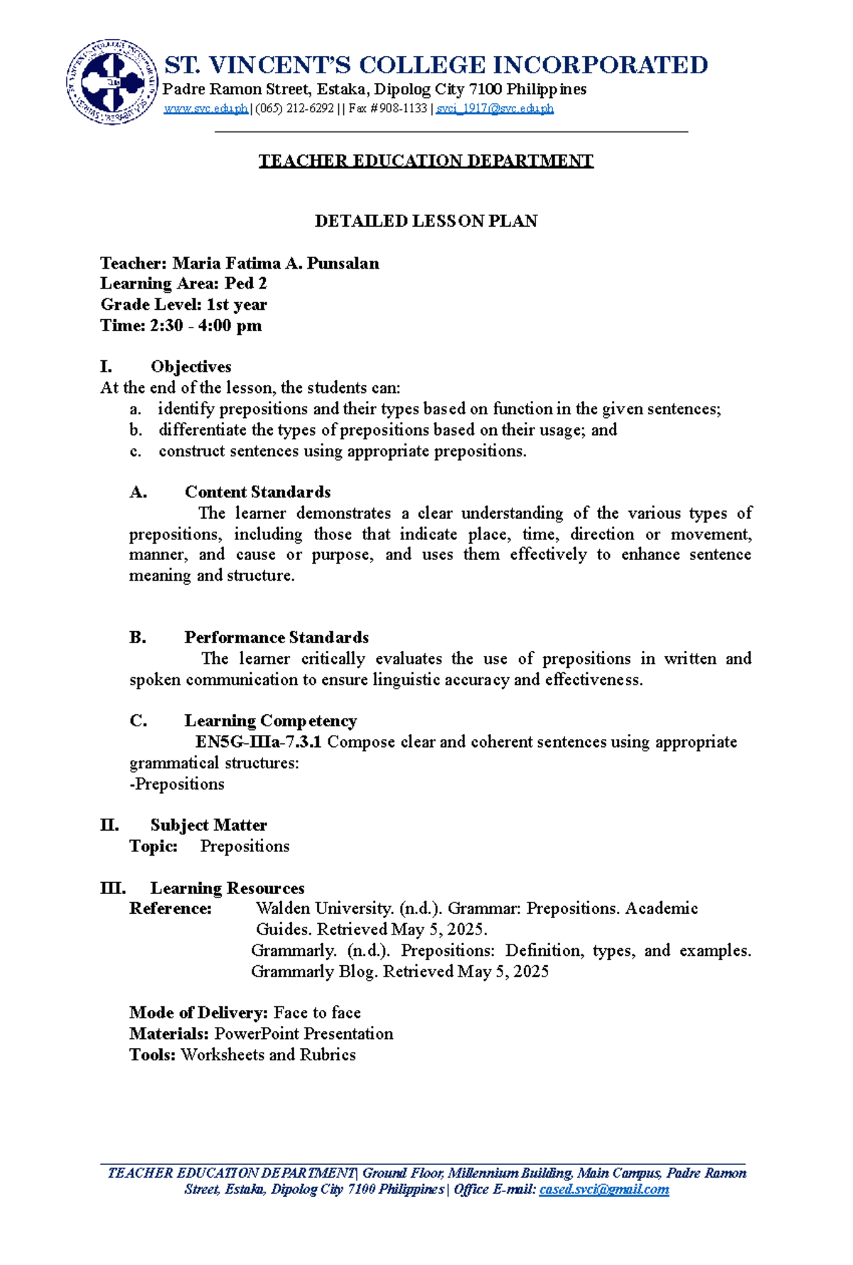 TEACHER EDUCATION 1st Year Lesson Plan on Prepositions - Studocu