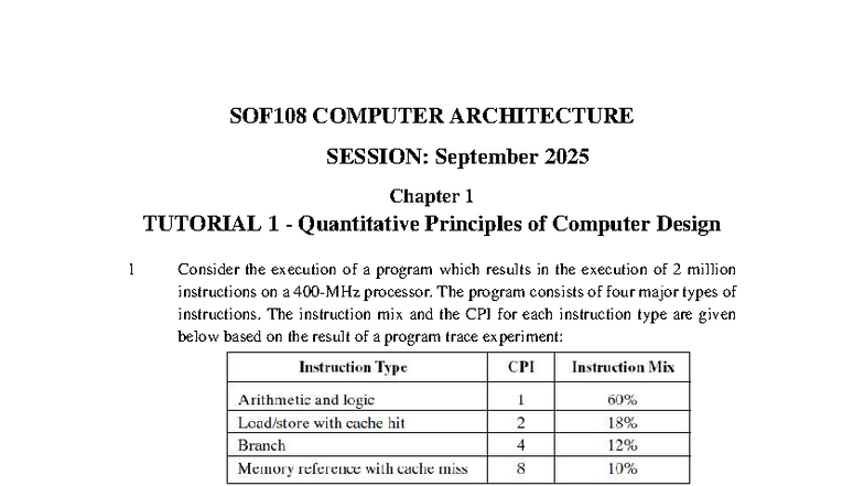 SOF108 COMPUTER ARCHITECTURE SESSION: Sep 2025 Chapter 1 Tutorial 1 ...