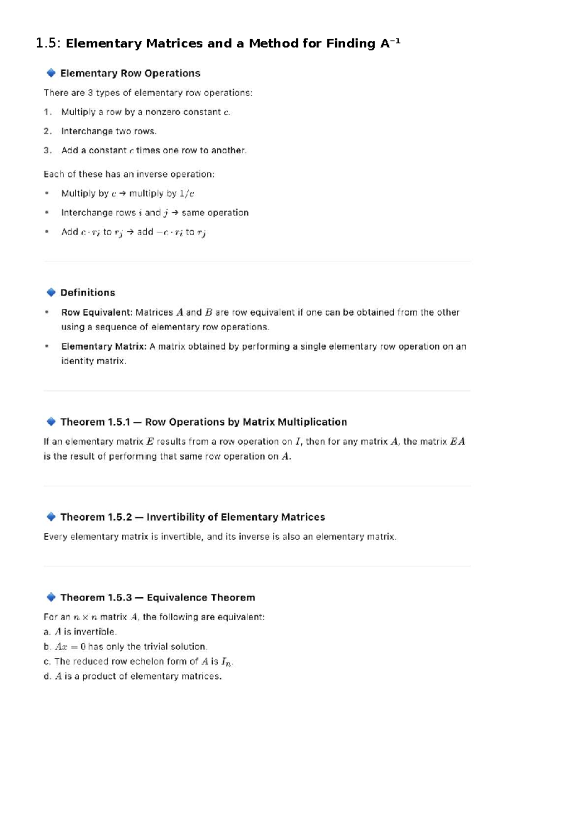 LA Revision: Elementary Matrices & Row Operations (1.5) - Studocu