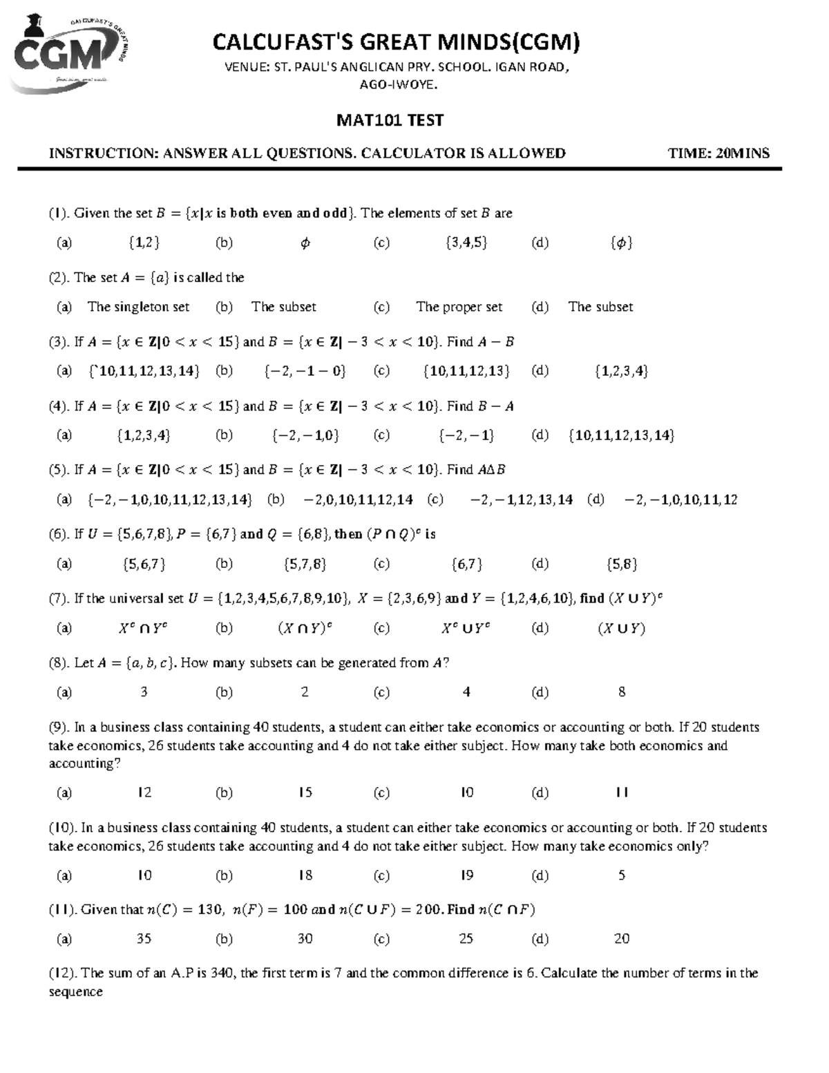 MAT101 TEST CGM - Undergraduate Mathematics Test Questions - Studocu