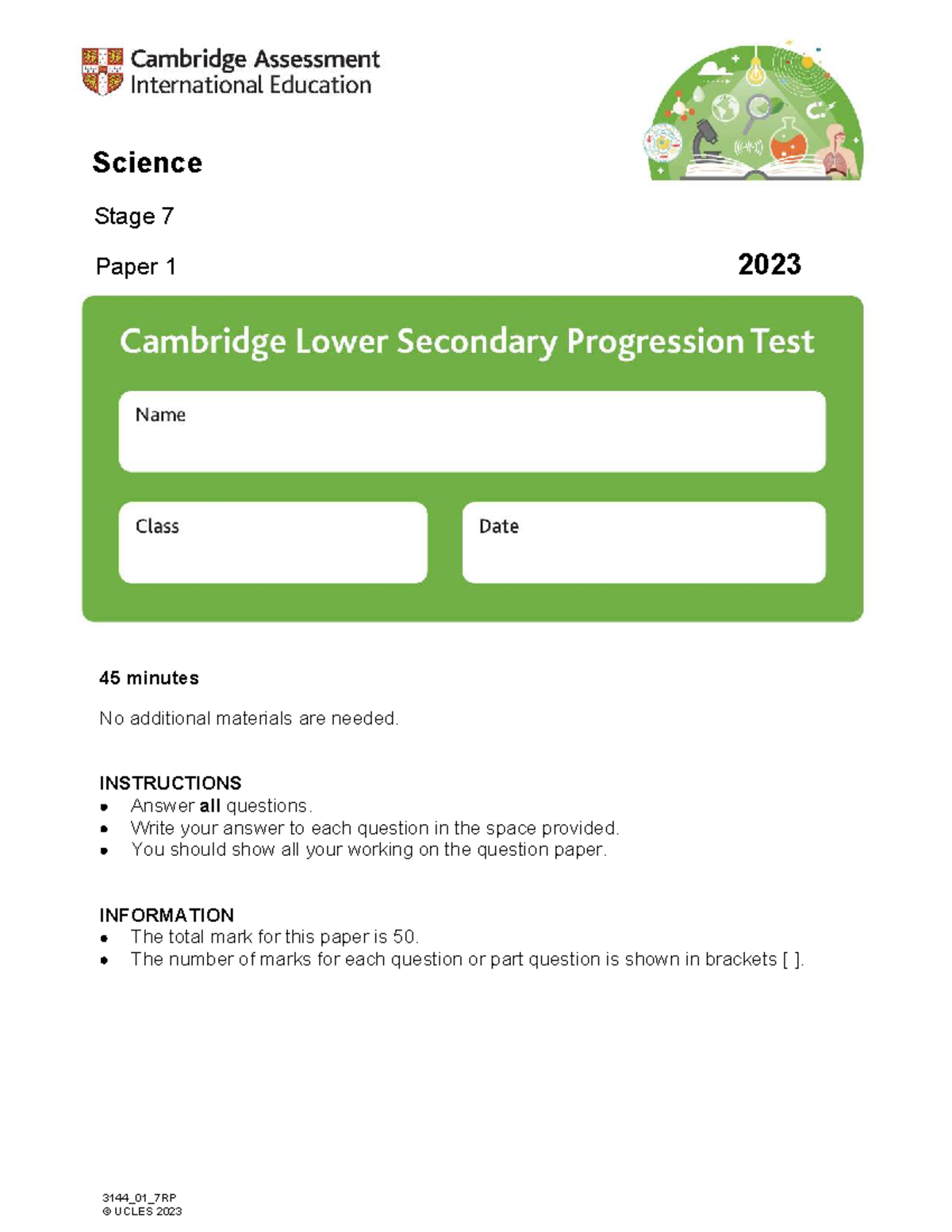 2023 P1 - Science Stage 7 Progression Test - Studocu