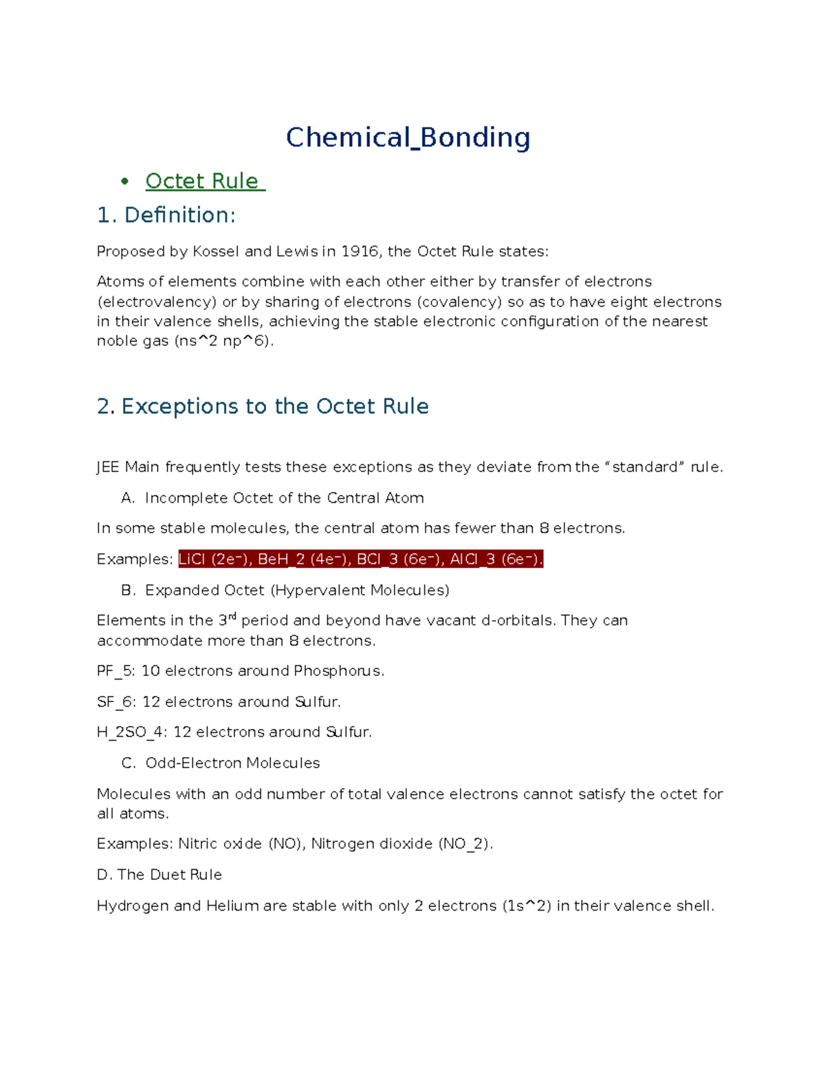 JEE Main: Chemical Bonding & Octet Rule Exam Notes - Studocu