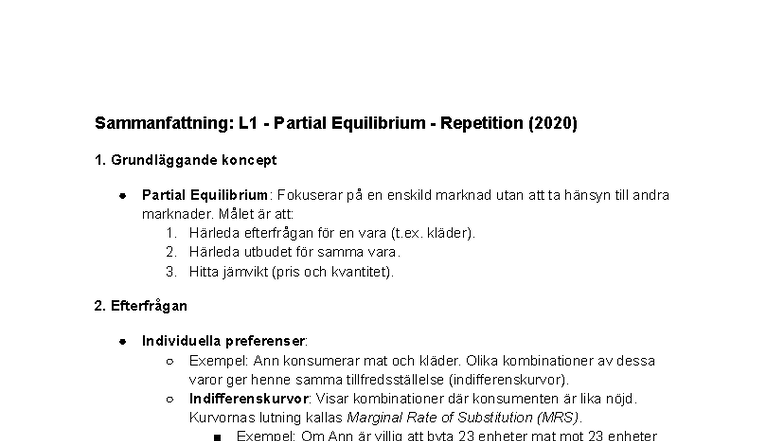 L1 Partial Equilibrium: Sammanfattning av Föreläsningsanteckningar ...