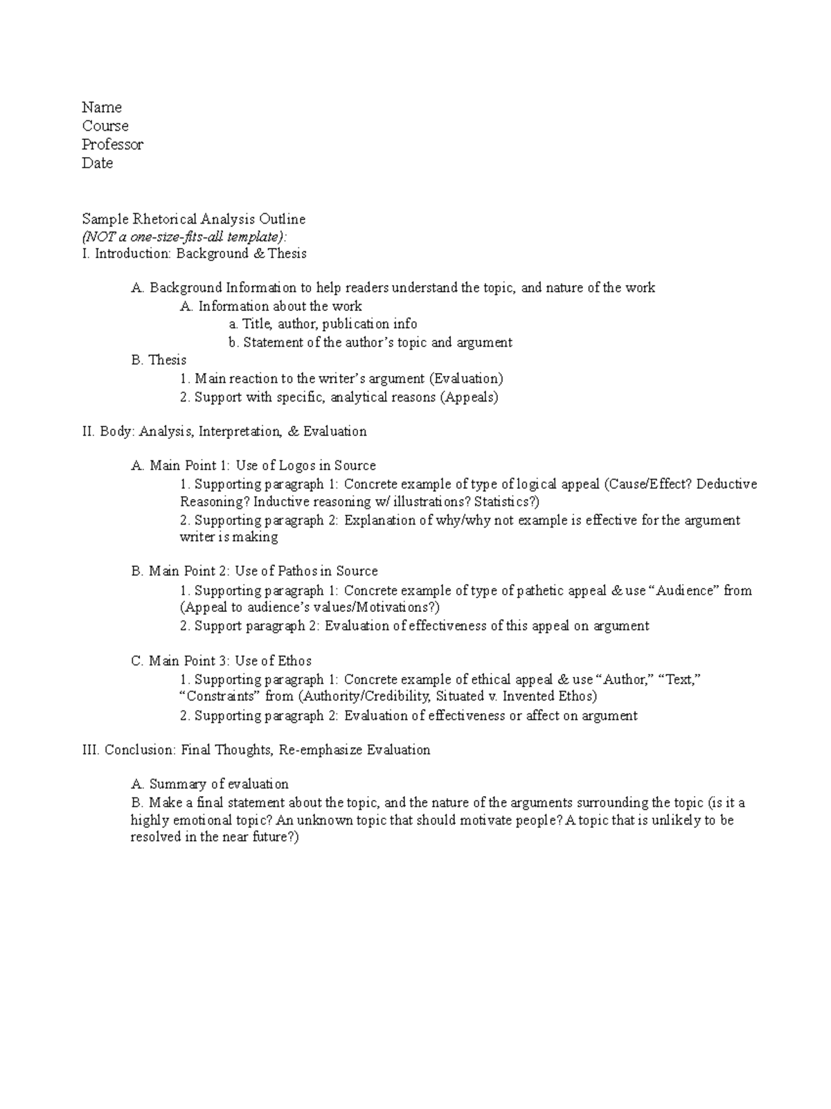 Rhetorical Analysis Outline for Effective Writing Techniques - Studocu
