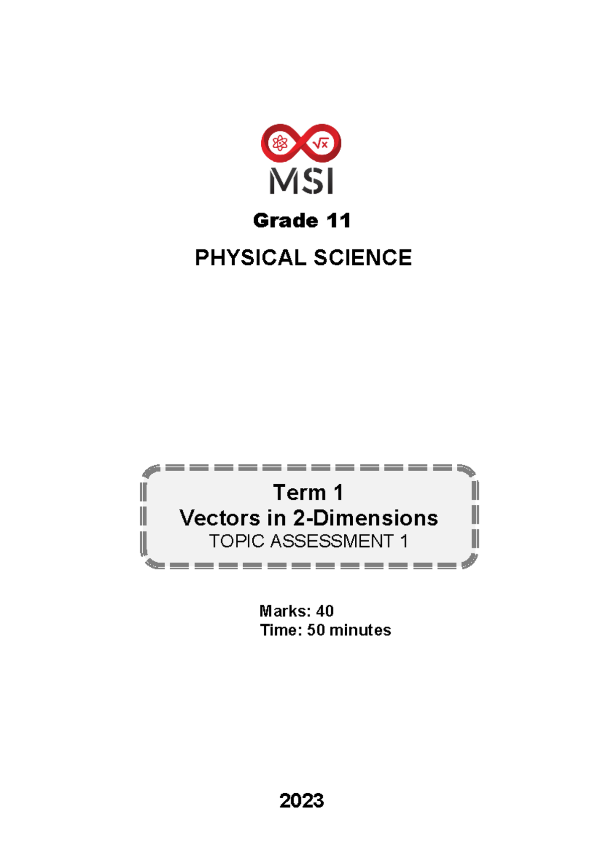 Grade 11 PHYSICAL SCIENCE Term 1 Assessment: Vectors in 2D Test - Studocu