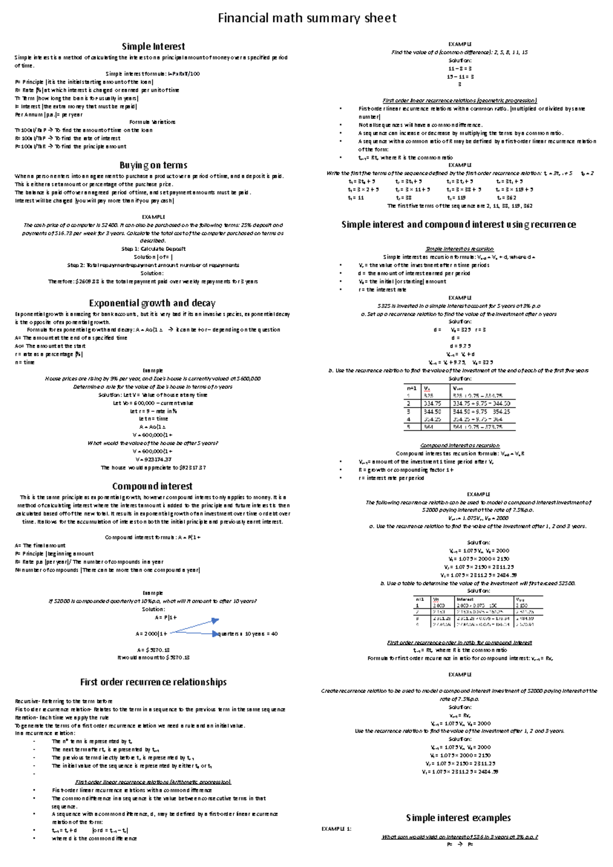 Financial Mathematics Summary Sheet: Simple & Compound Interest ...