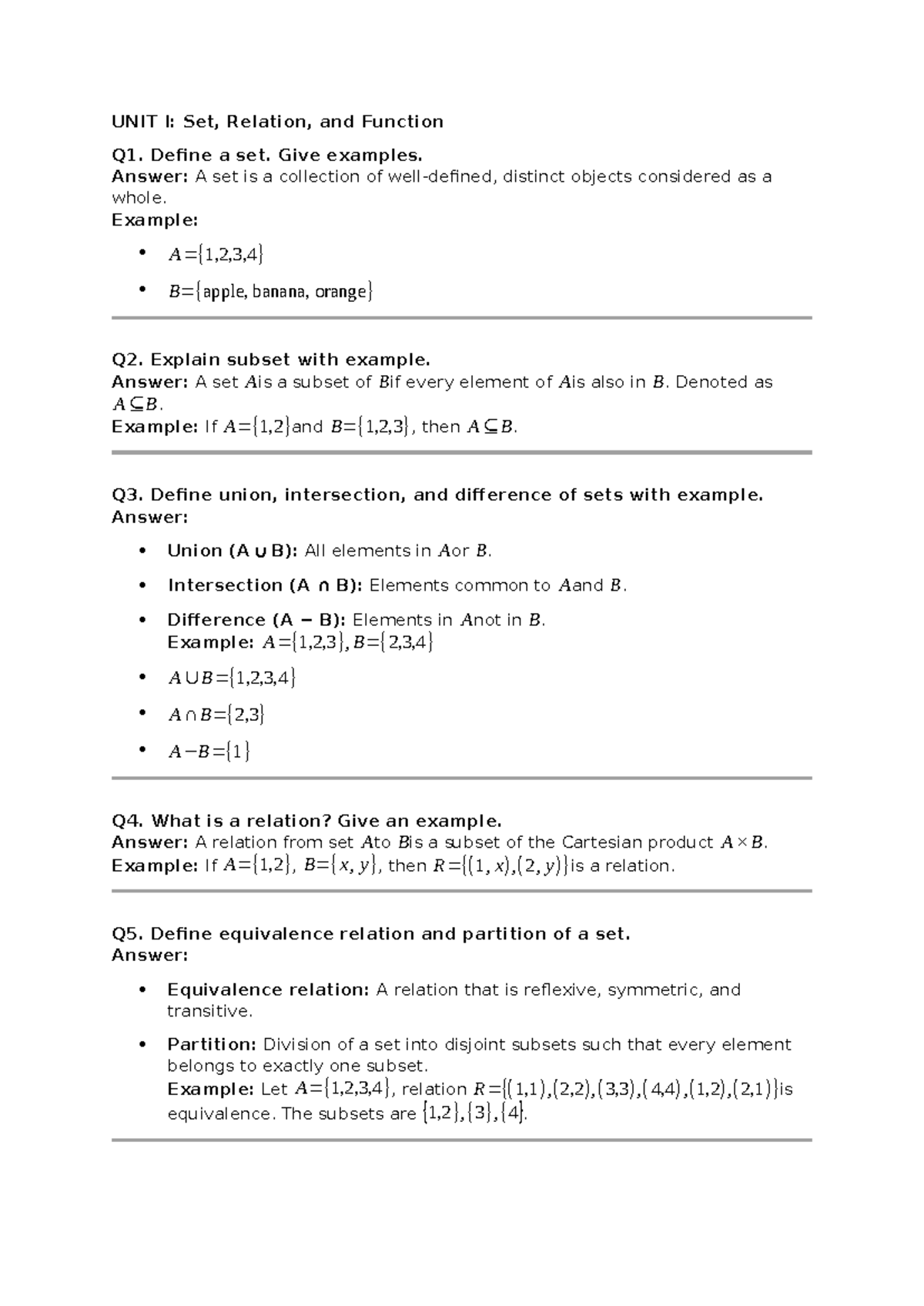 UNIT I: Sets, Relations, and Functions Overview - Studocu