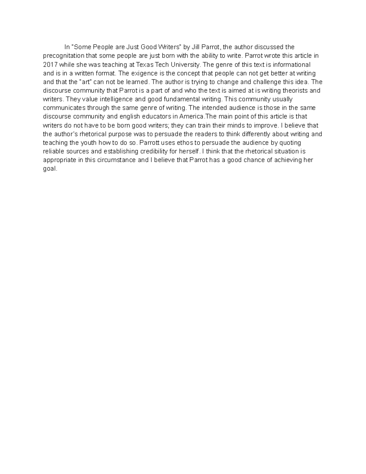 ENG 101 Rhetorical Analysis #1: Examining Parrot's Perspective on ...