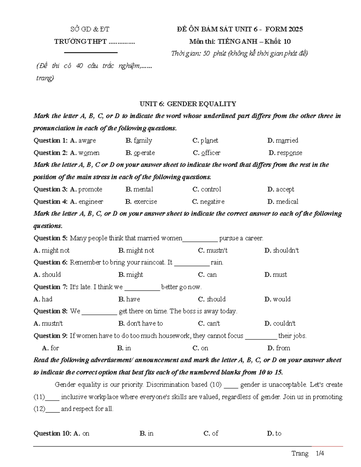 801448875 6KHỐI 10 UNIT 6 Gender Equality Format 2025 - SỞ GD & ĐT ...