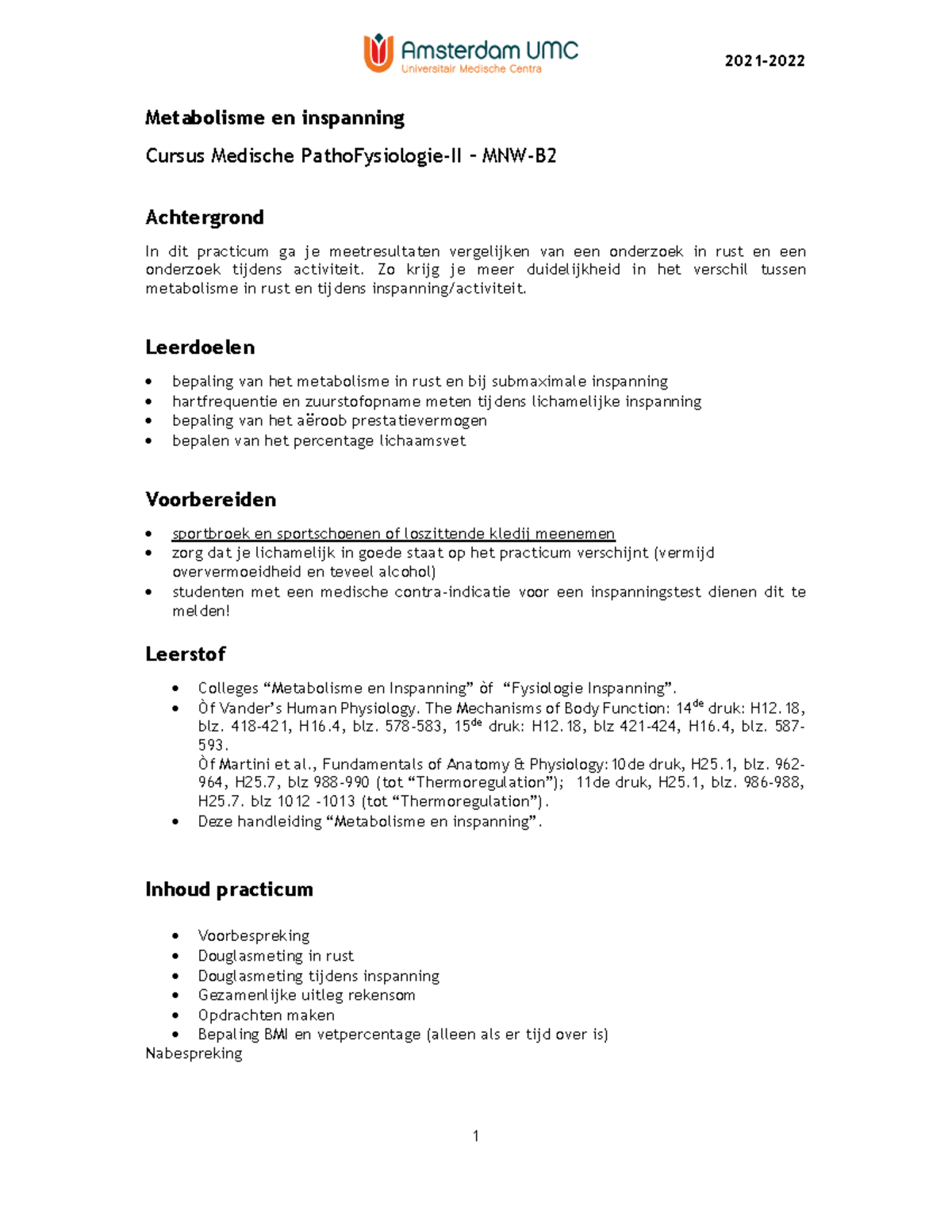 Practicumhandleiding: Metabolisme en Inspanning - Medische ...