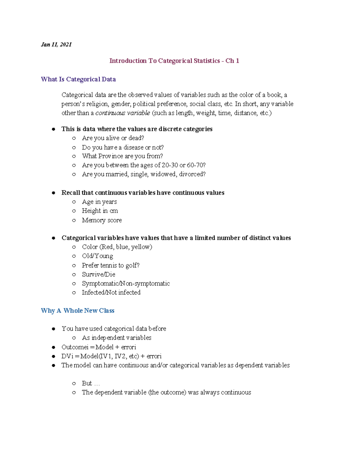 Lecture 1 Introduction To Categorical Stats - Jan 11, 2021 Introduction ...