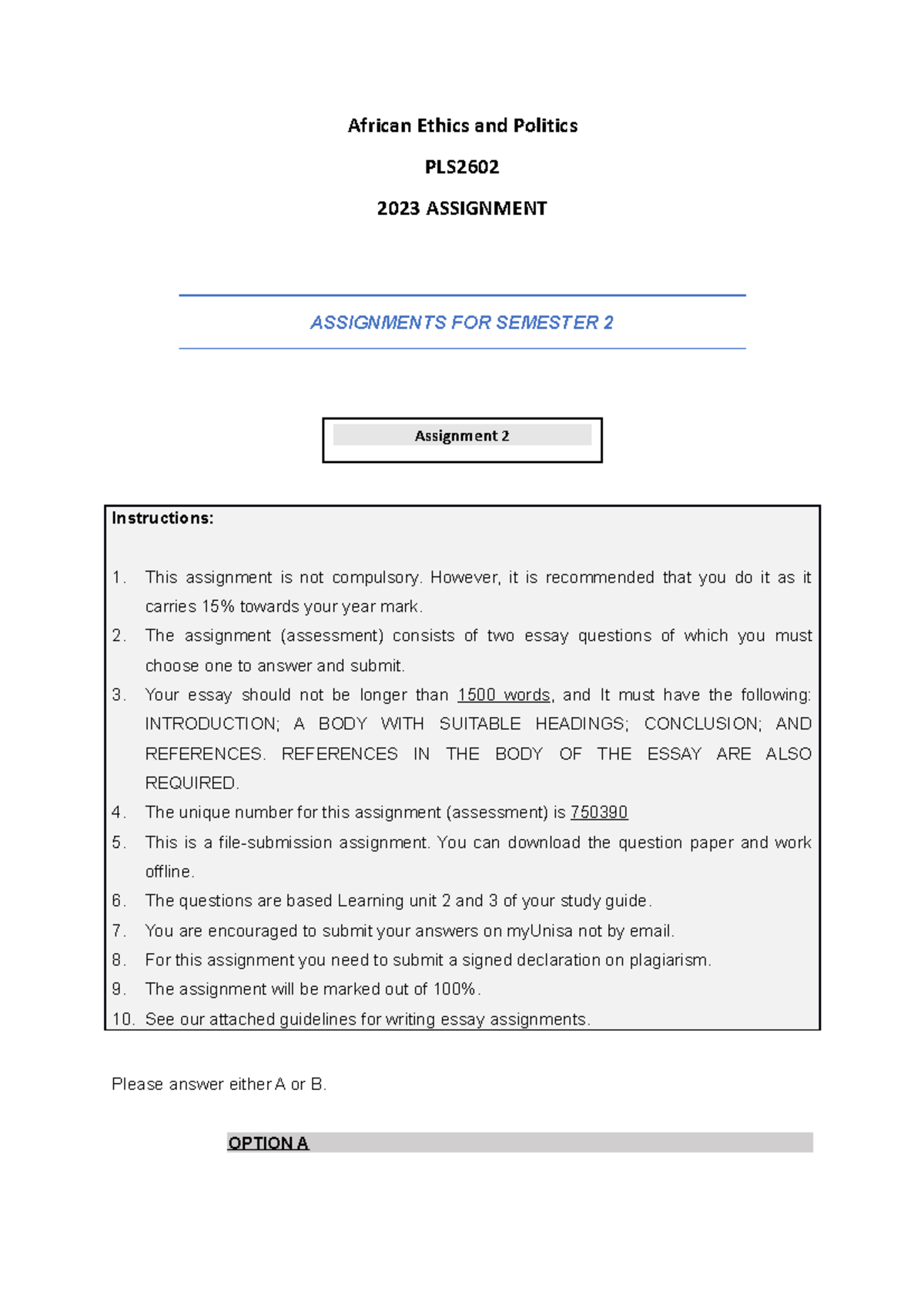 PLS2602 Assignment 2: African Ethics & Politics Essay Guidelines - Studocu