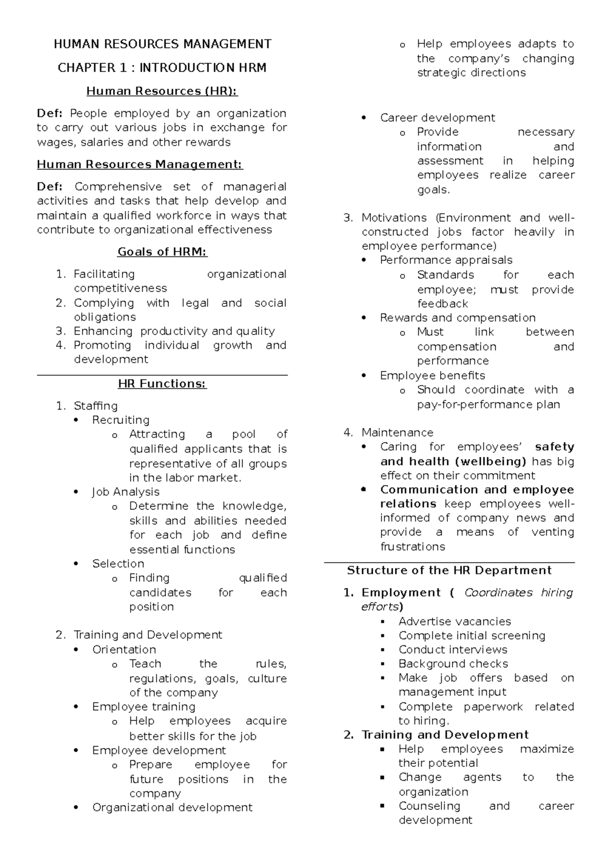 HRM 101: Chapter 1 - Introduction to Human Resources Management - Studocu