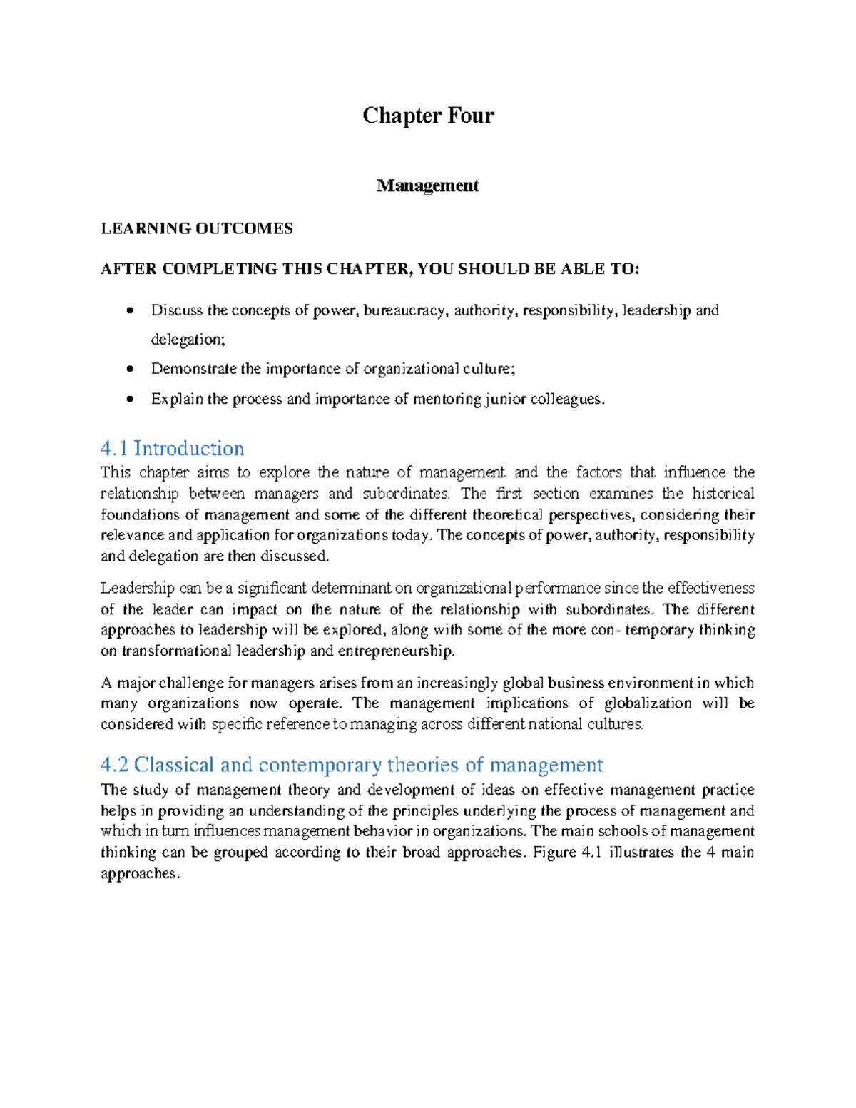Chapter Four - None - Chapter Four Management LEARNING OUTCOMES AFTER ...